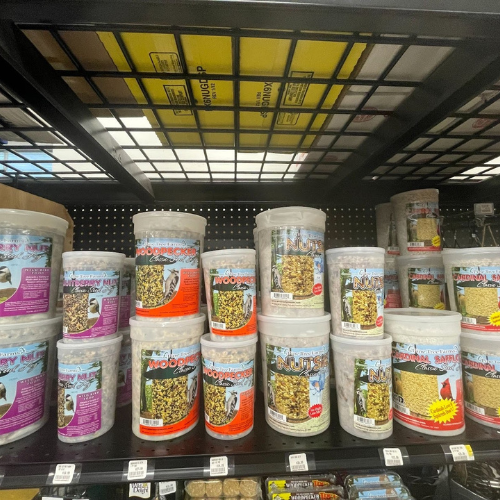 Display of wild bird feed and supplies, including suet cakes, at Mechanicsburg Agway.