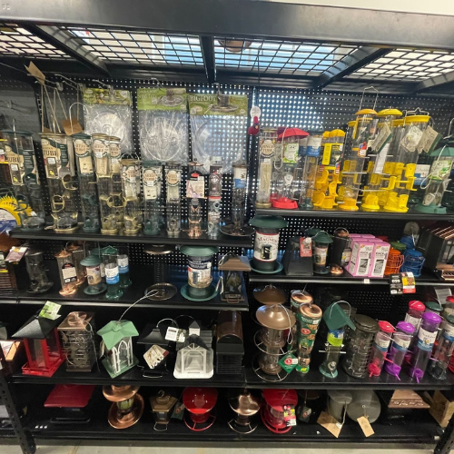 Display of wild bird feed and supplies, including our large selection of bird feeders, at Mechanicsburg Agway.